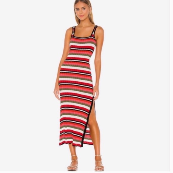 SOLID & STRIPED Red Pink Green Striped Ribbed Midi Dress - Picture 2 of 15